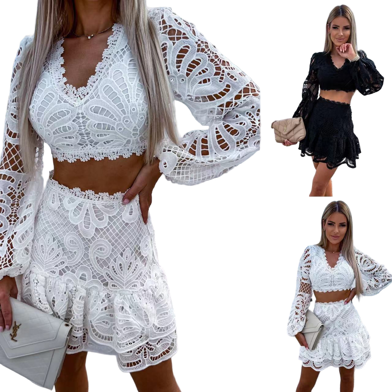 Women's embroidered lace top and skirt set in elegant floral design

