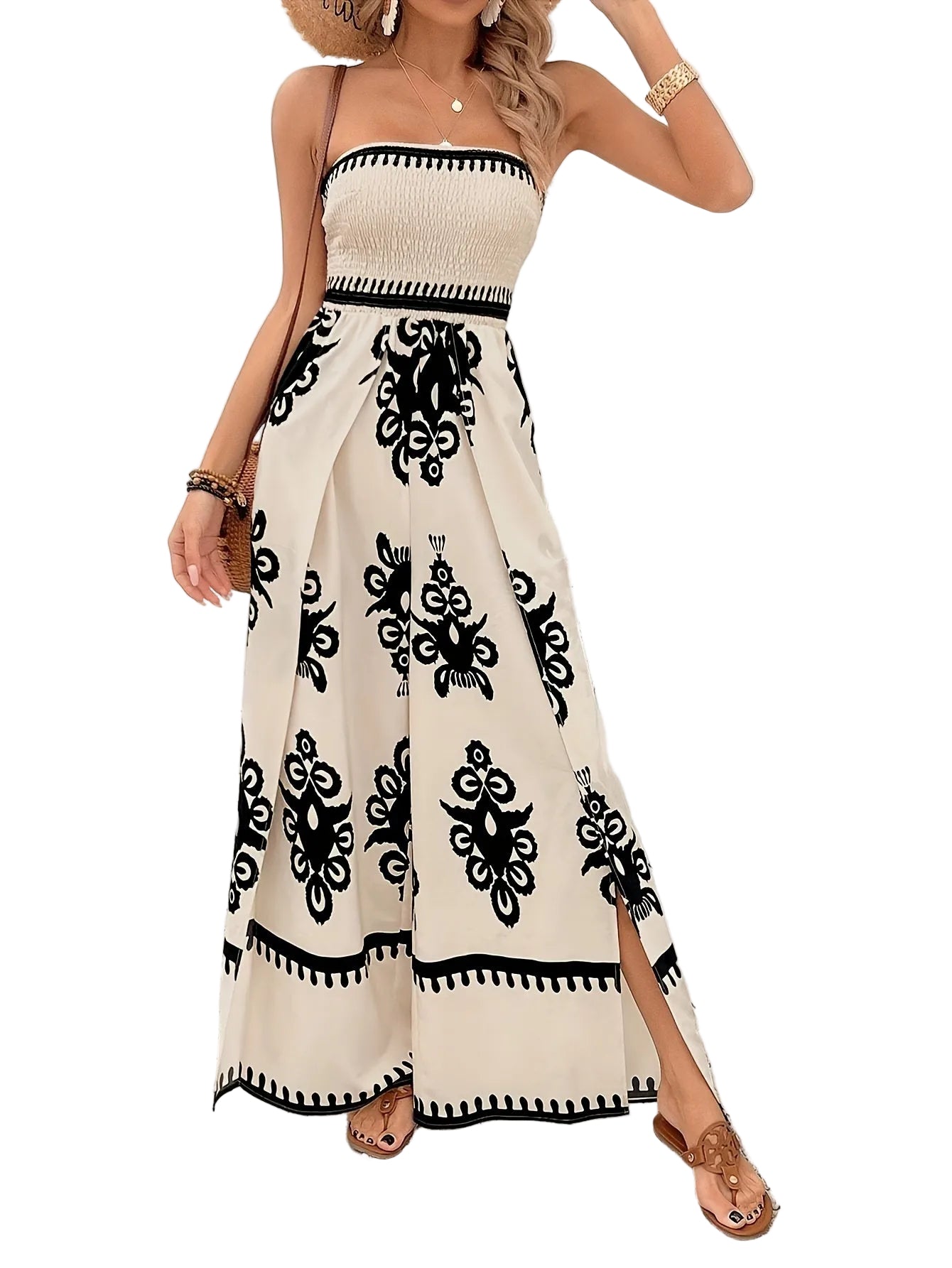 black baroque print smocked maxi dress side slit women

