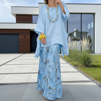 Plus size wide-leg pants and drop-shoulder top matching set in sky blue
