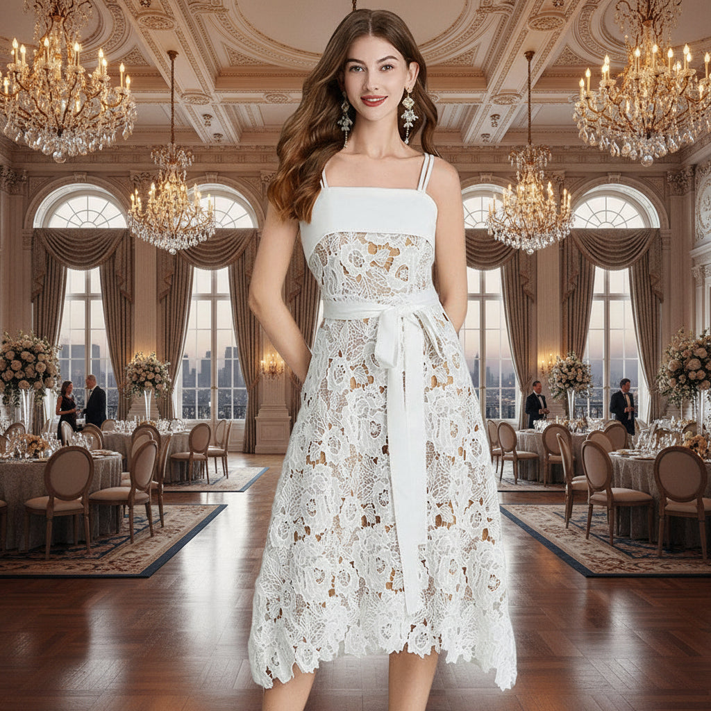 Feminine white lace maxi dress with hollow-out details for festive occasions