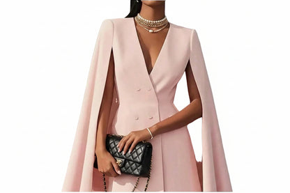 Styled outfit with women's double-breasted cape sleeve dress – women's luxury workwear
