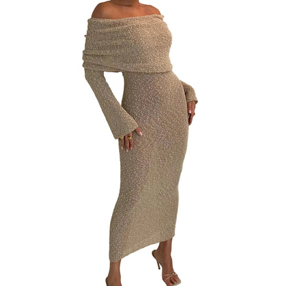 Front view of one-shoulder knitted bodycon maxi dress  with long sleeve 