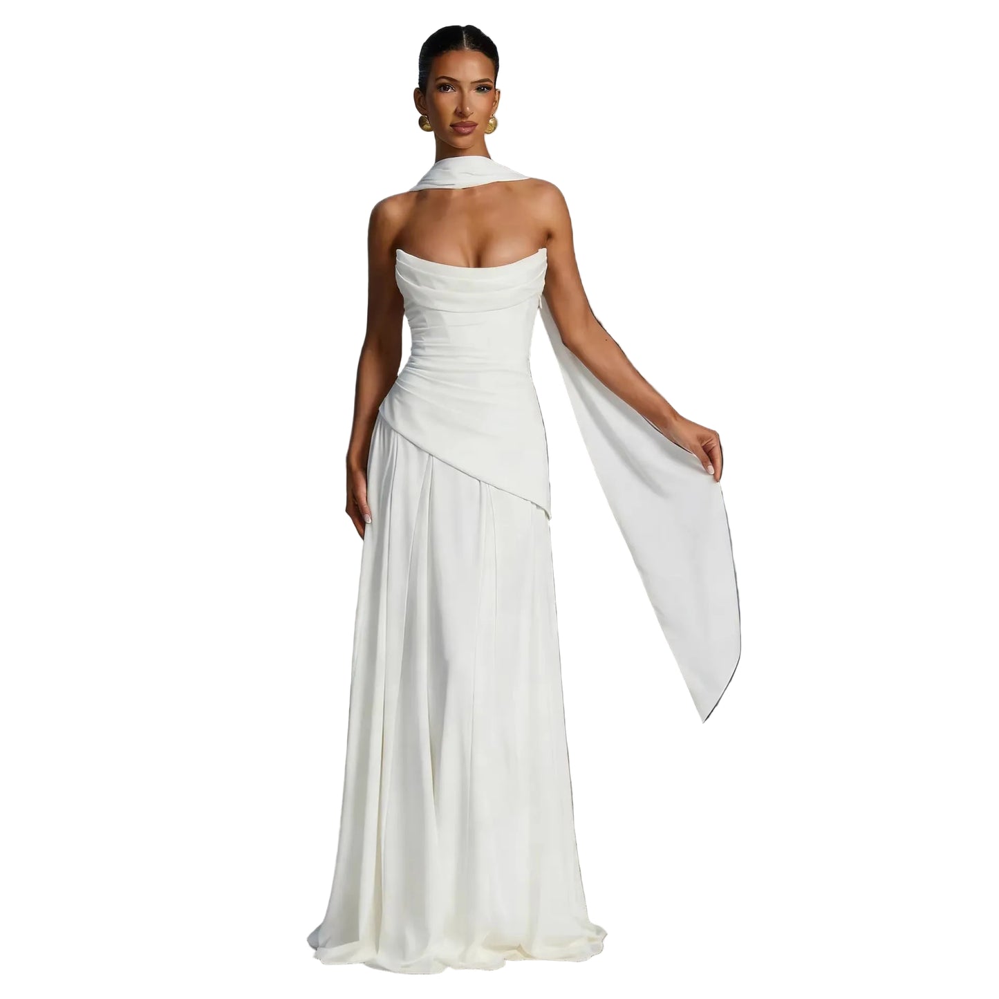 White strapless formal gown with architectural draping and detachable collar panel