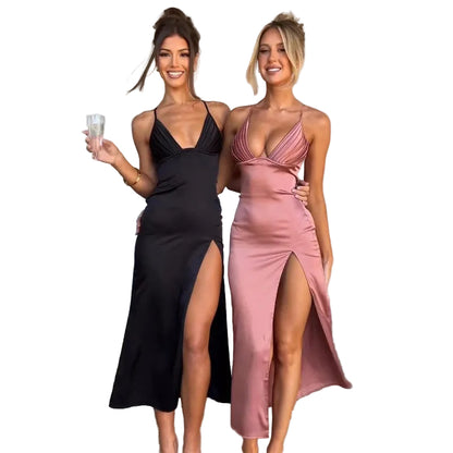 Deep V-neck ruched bust bodycon midi dress in dusty pink and black – front view, evening party going-out dress

