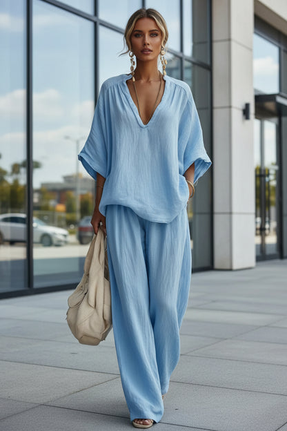 Relaxed fit V-neck tee and matching pants co-ord set in light blue  for women
