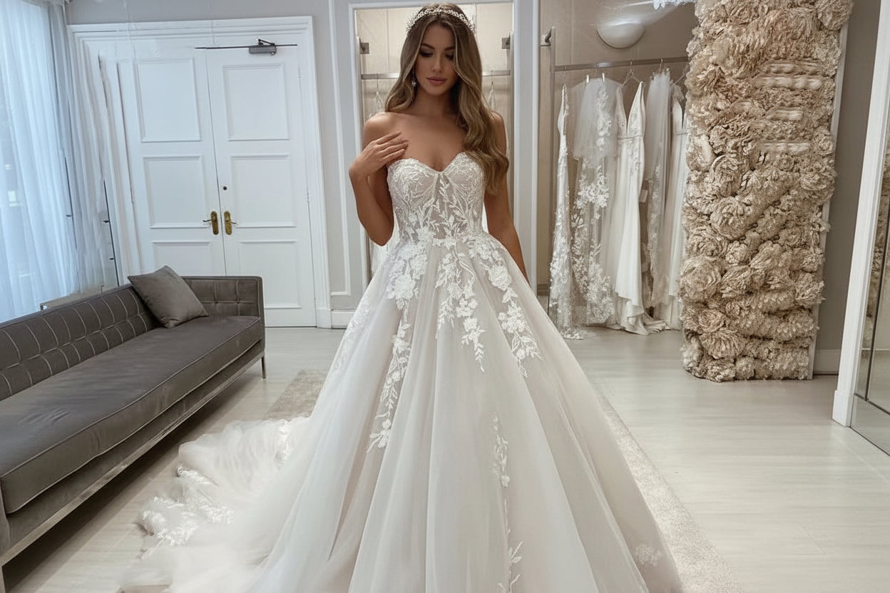 Women's strapless tube top wedding dress with lace bodice and long skirt
P
