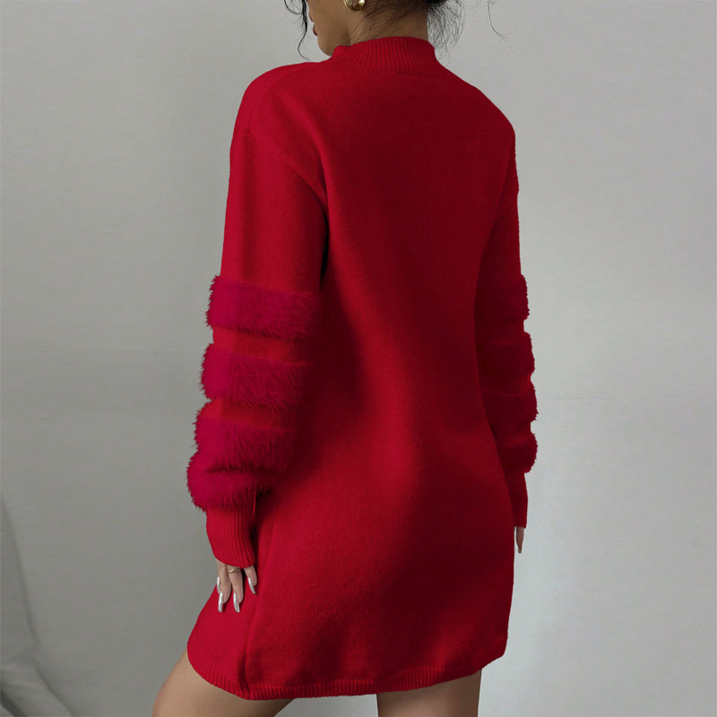 

Back view of red plush winter party dress with faux fur accents

