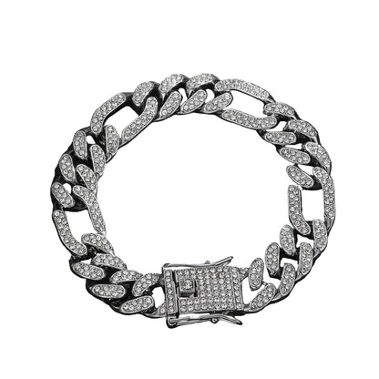 Silver chain bracelet with a clasp Men's hip hop Cuban link collection – flat lay showing arc
