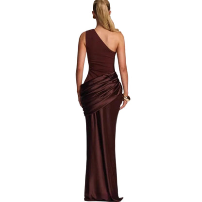 One-Shoulder Sleeveless Floor-Length Satin Gown with Sculptural Diagonal Ruching at Hip and Waist
