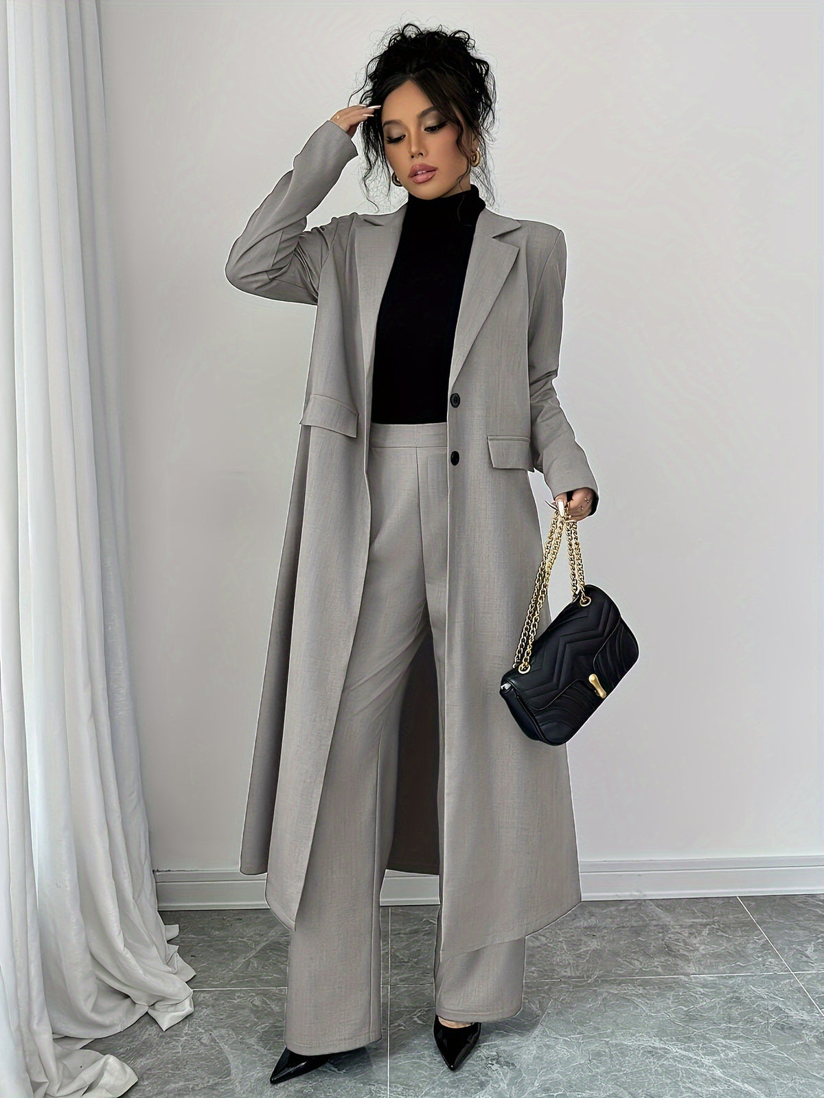Long Trench Coat Wide-leg Pants in Light Gray