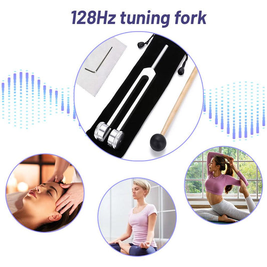 128Hz tuning fork with images of people using it for relaxation and meditation.