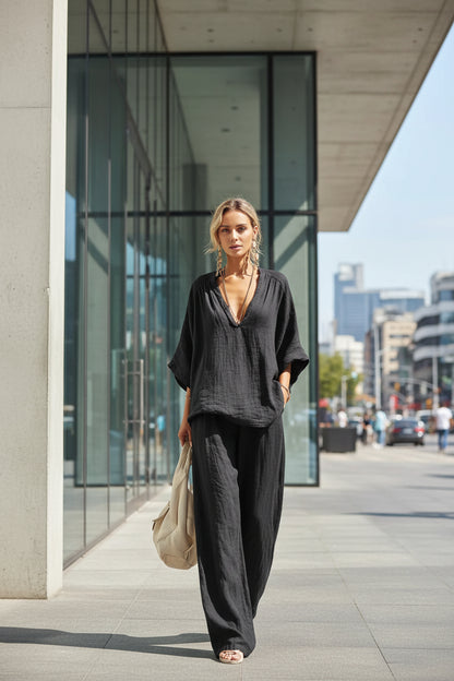  casual two-piece set with loose short-sleeve top in black
