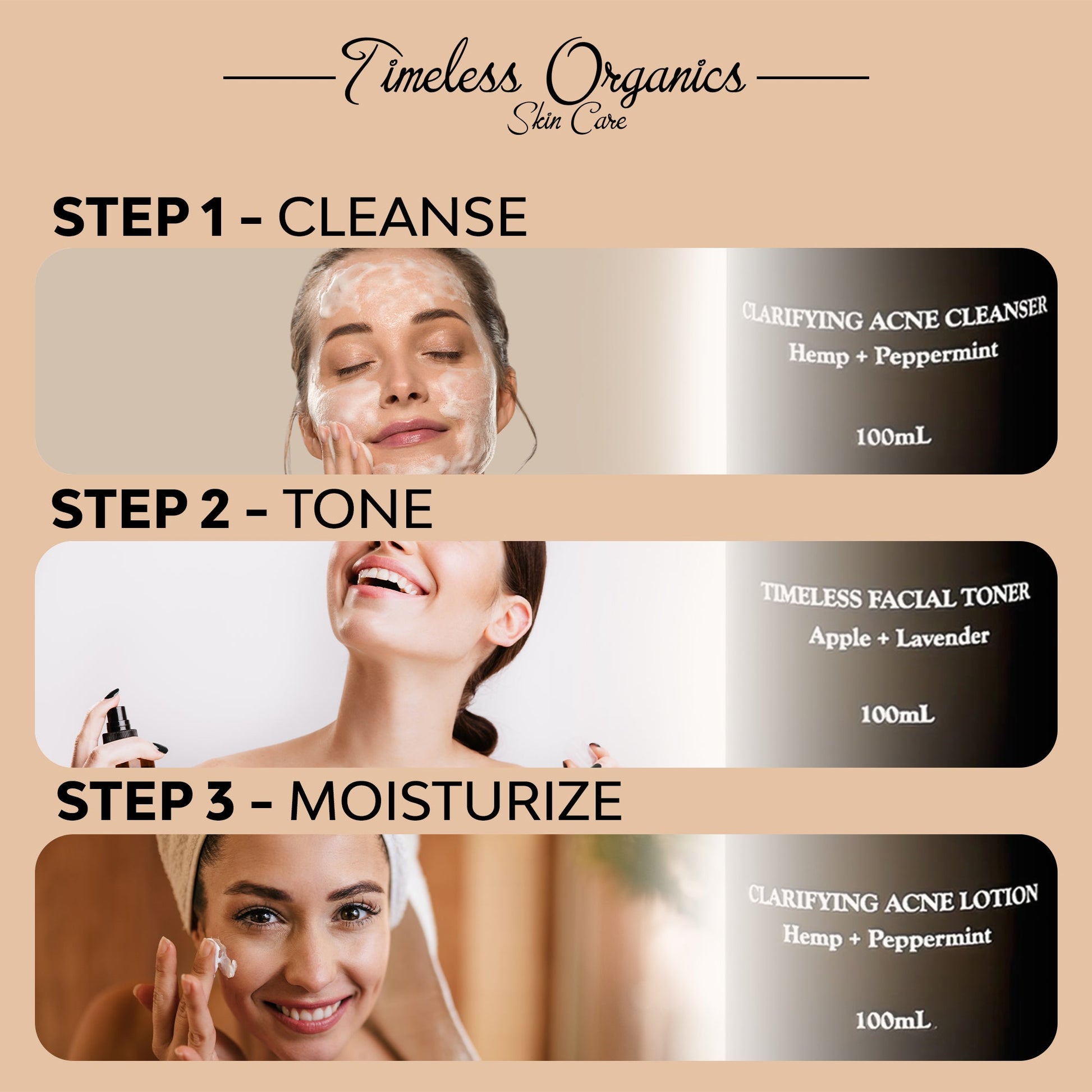 Timeless Organics skincare product set with step-by-step instructions 