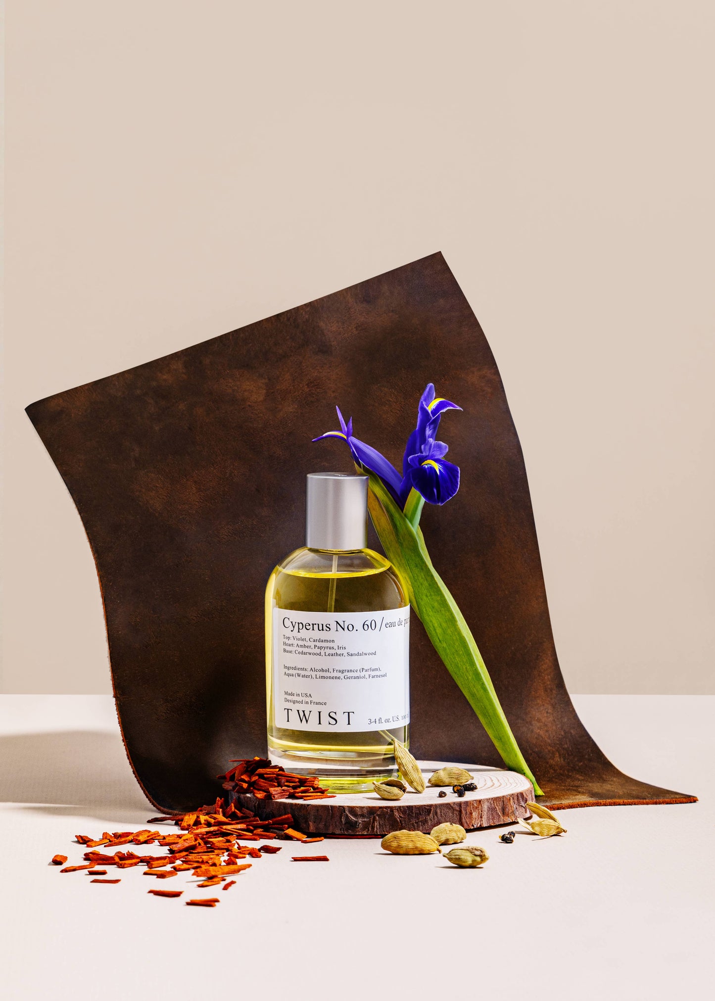 French-formulated fragrance in elegant bottle with spicy character

