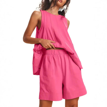 Women's matching lounge set in pink– full length front view, casual summer two-piece outfit
