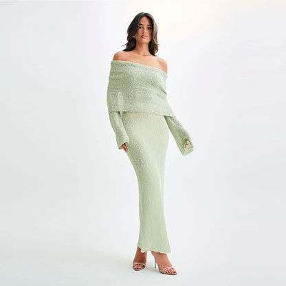 One-shoulder knitted long sleeve bodycon maxi dress in light green – slim fit women's maxi dress
