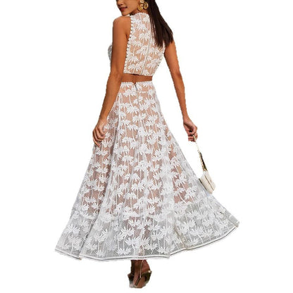 Elegant Sleeveless White Lace Crop Top with Palm Leaf Embroidery