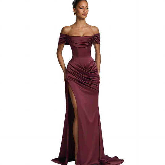 Off-Shoulder Draped Satin Mermaid Elegant Gown with Corset Lace-Up Back, High Slit, and Sweep Train
