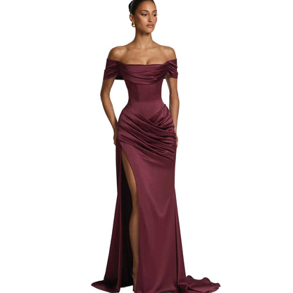 Off-Shoulder Draped Satin Mermaid Elegant Gown with Corset Lace-Up Back, High Slit, and Sweep Train
