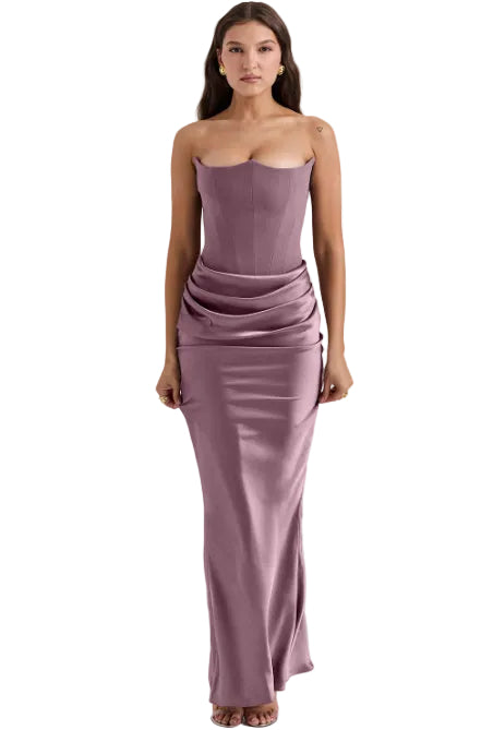 best purple corset maxi dress for gala women
draped satin mermaid dress strapless 
