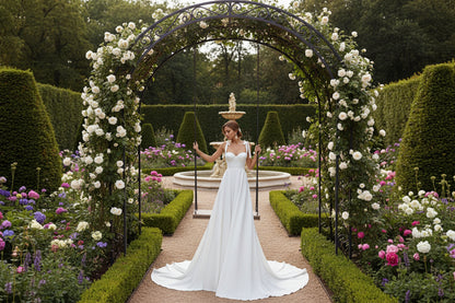 Close-up of white sweetheart bodice with delicate off-shoulder ribbon tie straps

