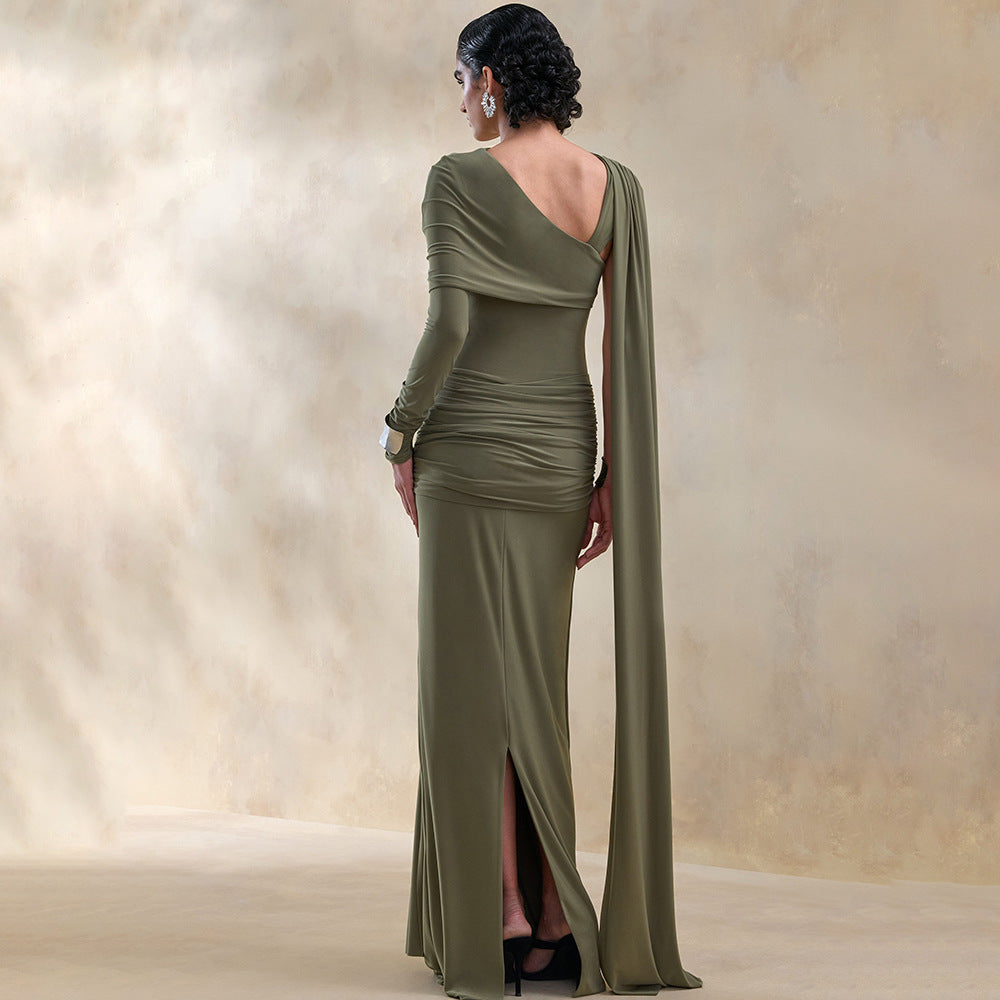 Draped Cape-Sleeve Column Maxi Dress – view 3