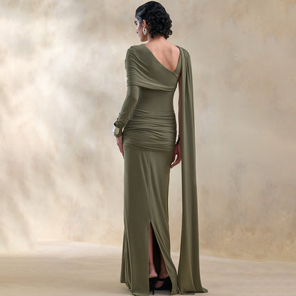 Draped Cape-Sleeve Column Maxi Dress