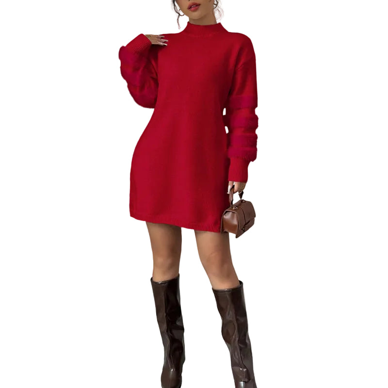Person wearing a red dress and brown knee-high boots holding a brown handbag 