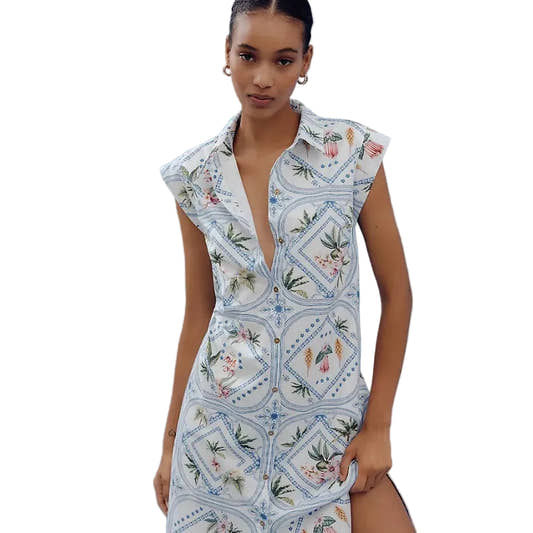 vintage botanical tile print midi dress cap sleeves
