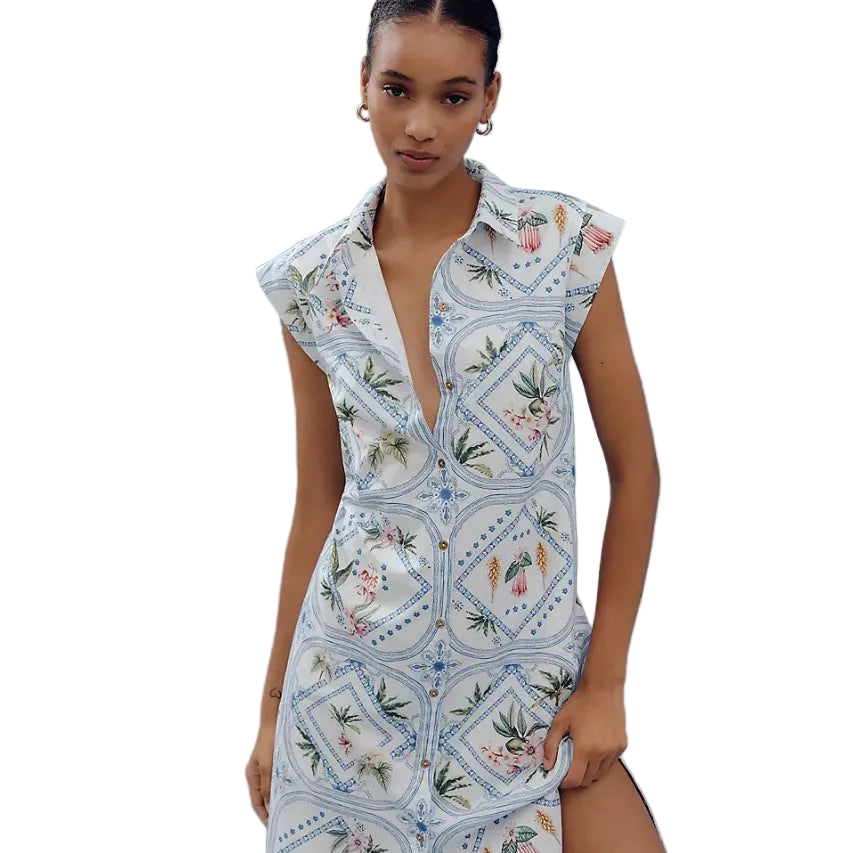 vintage botanical tile print midi dress cap sleeves
