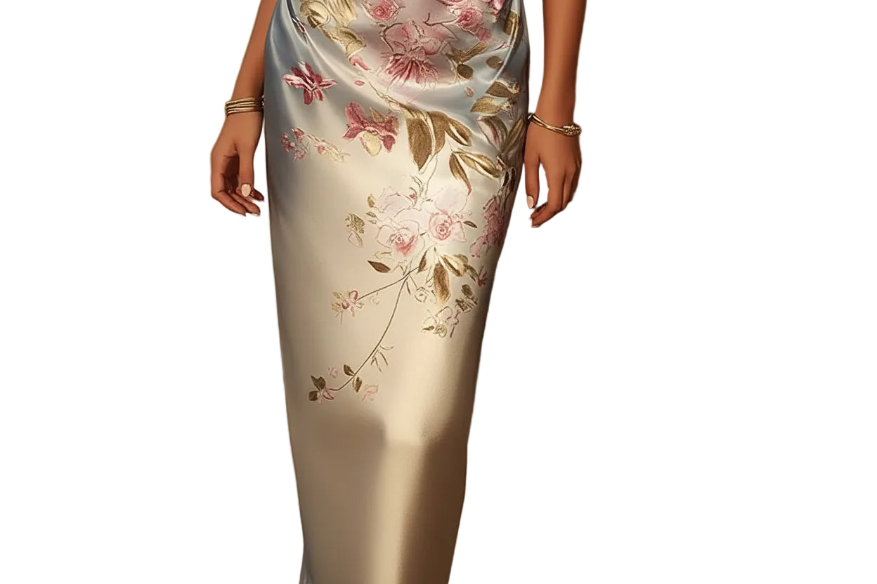 One-Shoulder Sleeveless Midi Elegant Dress with Gold Floral Detail and Gradient Satin Fabric
