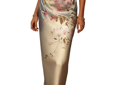 One-Shoulder Sleeveless Midi Elegant Dress with Gold Floral Detail and Gradient Satin Fabric
