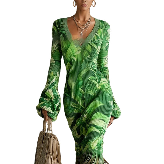 Woman wearing a green leaf-patterned outfit 