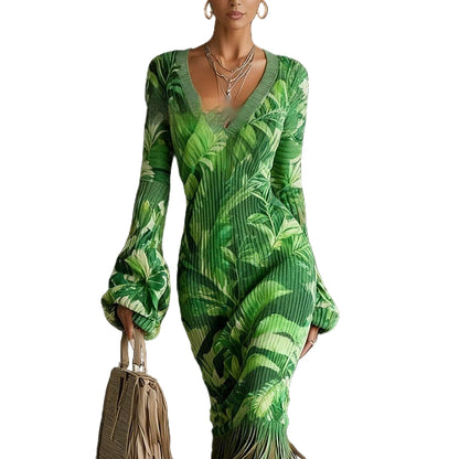 Woman wearing a green leaf-patterned outfit 