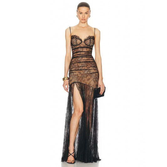 Women's black lace maxi dress with sheer overlay and spaghetti straps for formal events




