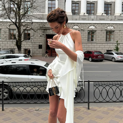 White Silky Halter Mini Dress with High-Waist Bodice and Cascading Ruffle Tiers

