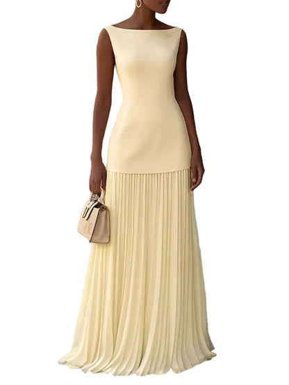 Sleeveless Knit Boat-Neck Top with Fluid Accordion-Pleated Floor-Length Skirt Co-ord