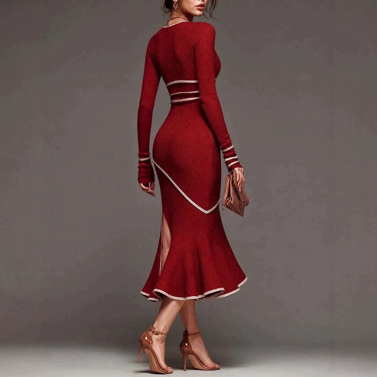 Wine Red Contrast White Trim Slit Mermaid Bodycon Long Sleeve Knit Dress Elegant Midi Gown – view 2