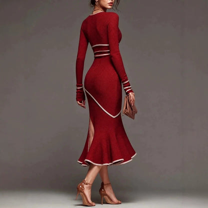 Contrast Trim Long Sleeve Wrap Midi Dress