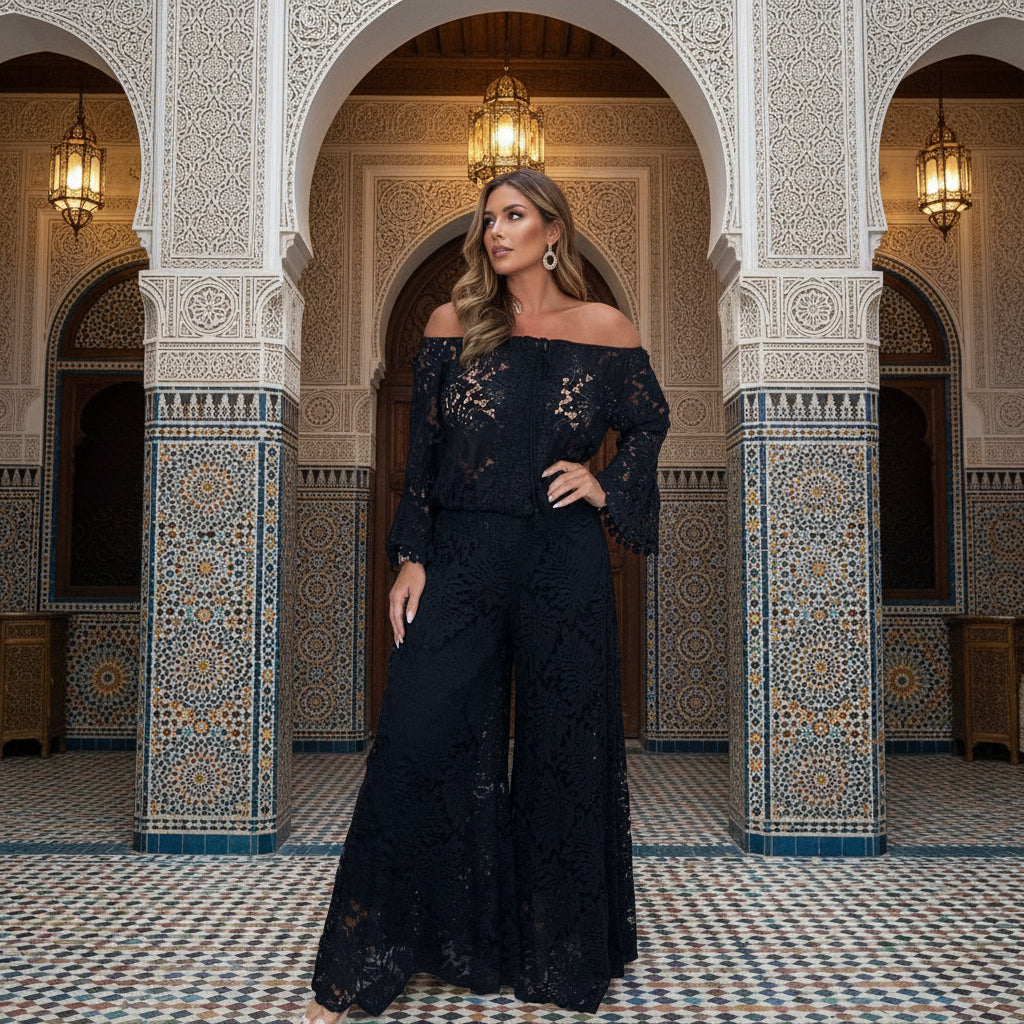 
elegant black  lace off shoulder pants suit women wide legs 
