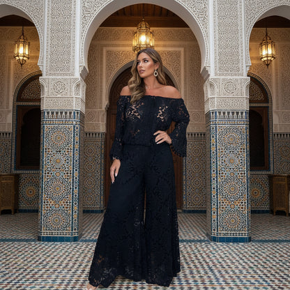 
elegant black  lace off shoulder pants suit women wide legs 
