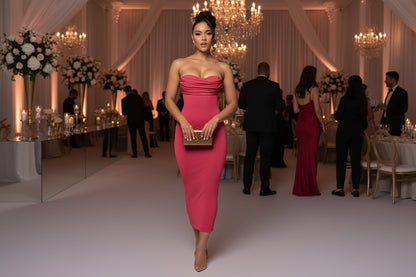 Dark pink formal dress off shoulder bodycon maxi for wedding guest

