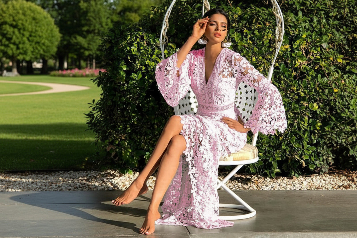 light pink  floral lace maxi dress women long bell sleeve v neck summer
