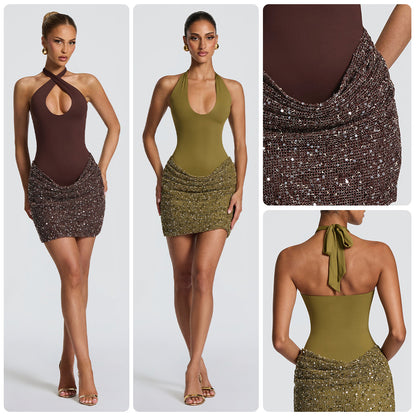 Sequin Skirt Cross-Halter Mini Dress