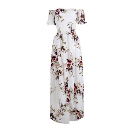 Floral boho beach dress with off-shoulder design and floor-length hem