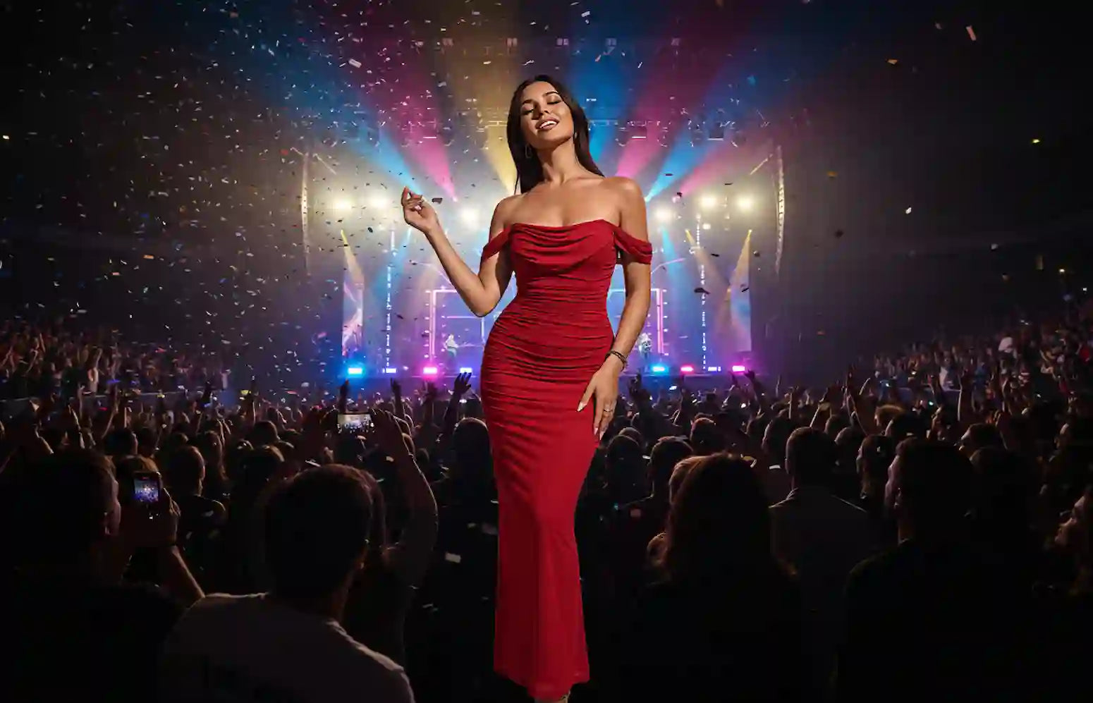 Woman in a red dress on stage with colorful lights and a crowd in the background