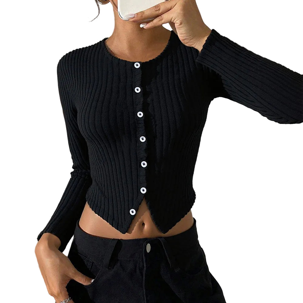Black long sleeve crop top - textured button-up sweater for versatile autumn outfits