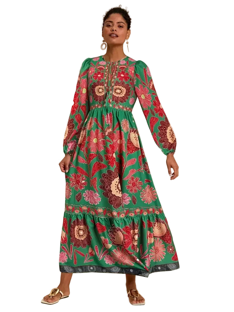 Long sleeve boho floral dress with tie neckline and tiered hem


