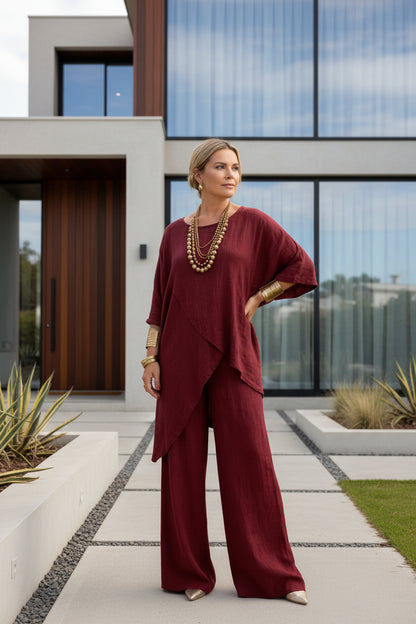 Plus size cotton linen loose top and trousers matching set in burgundy
