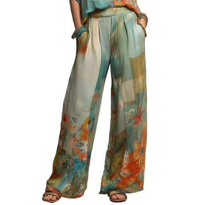 Person wearing colorful floral  silk pants 